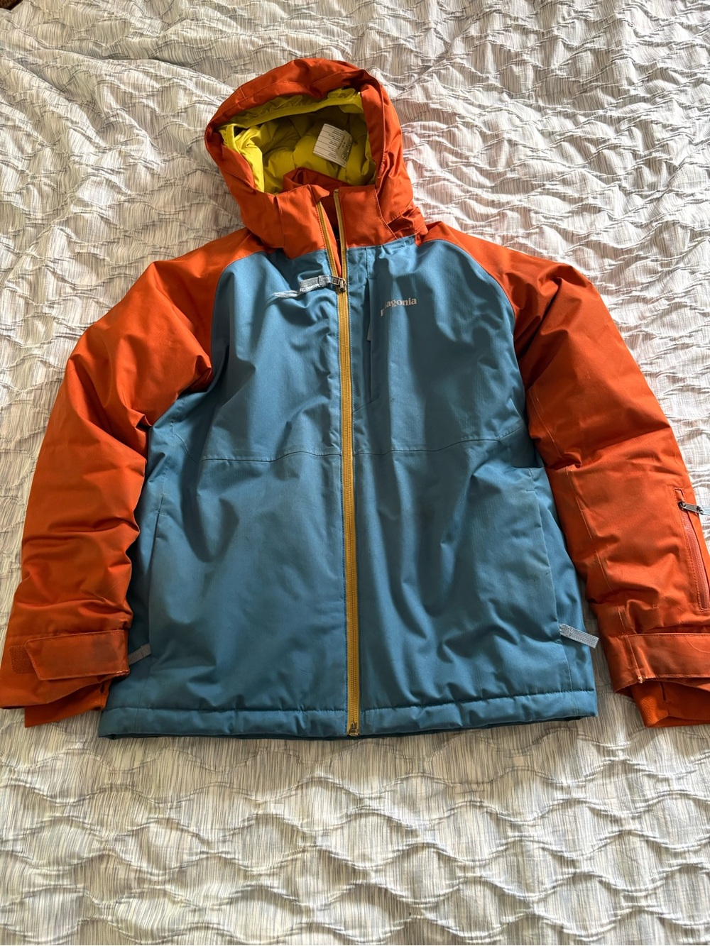 Patagonia Kids Two-Tone Hooded Puffer Jacket - Blue Body with Orange Sleeves